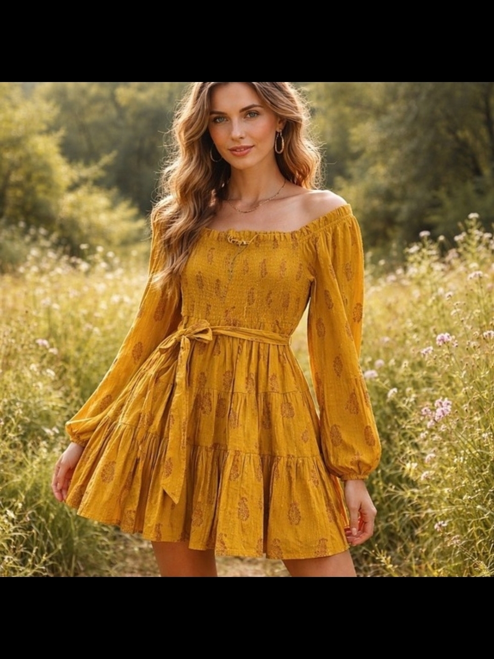 Mustard Yellow Off-Shoulder Long Sleeve Tiered Mini Dress
